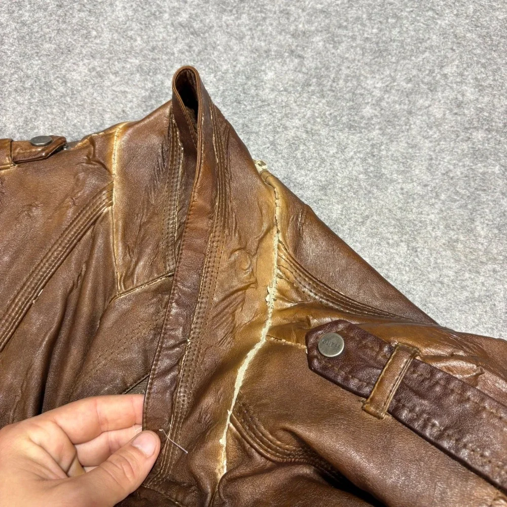 Guess Mens Faux Leather Racer Jacket Distressed Brown XL Moto Quilted Lining